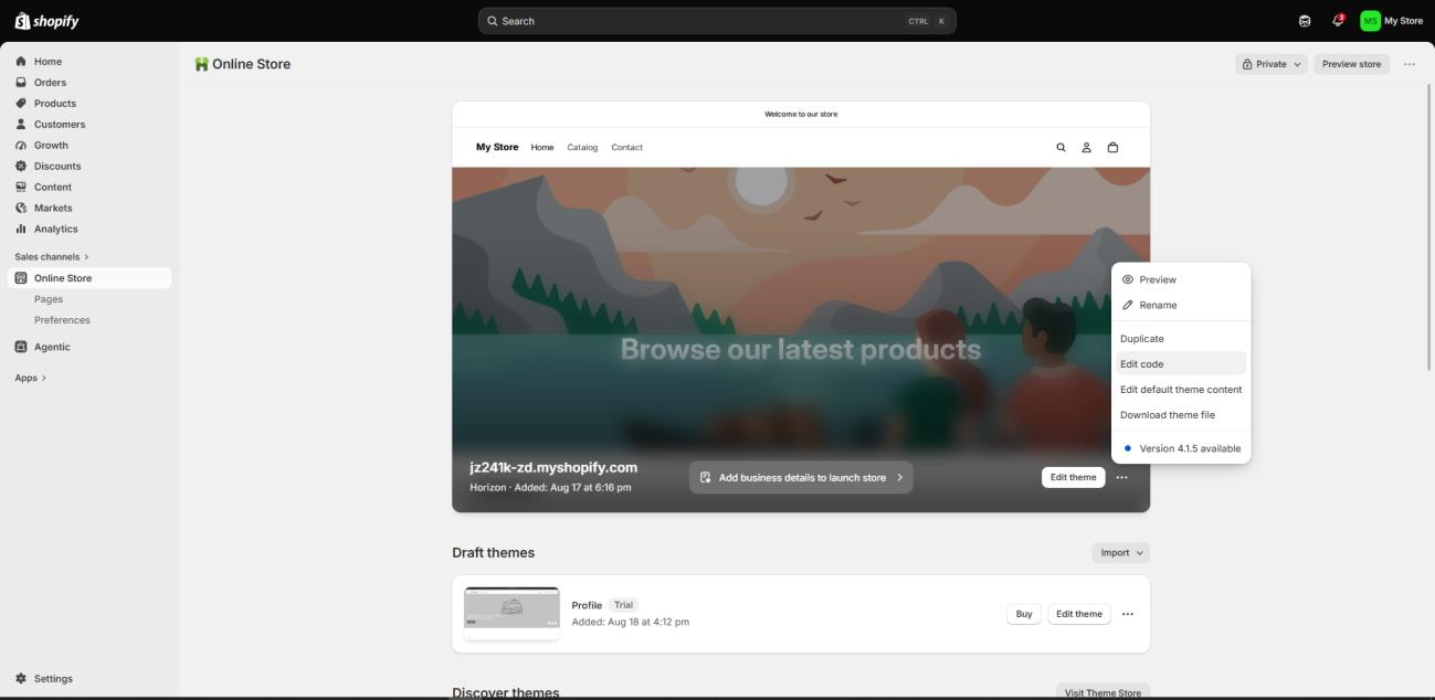 Shopify theme three-dot menu with Edit code option