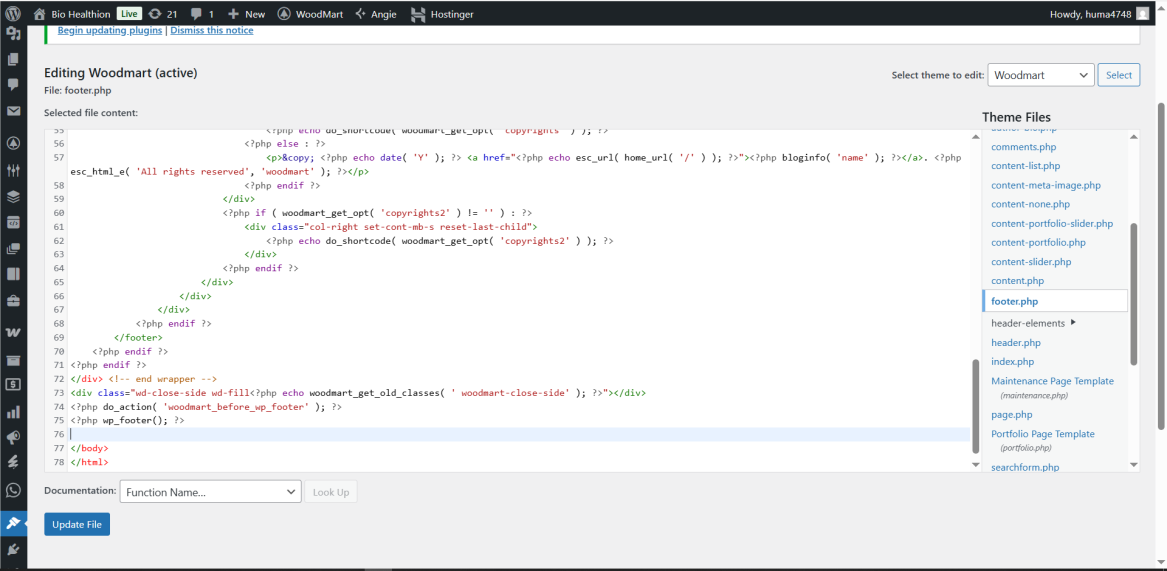 WordPress theme editor with footer.php open
